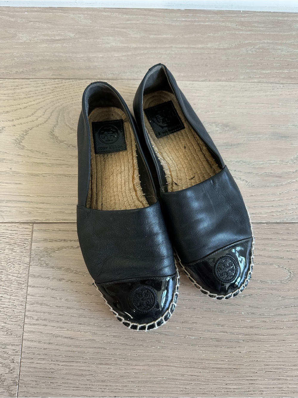 Tory Burch Black Leather Espadrille Flats with Patent Toe